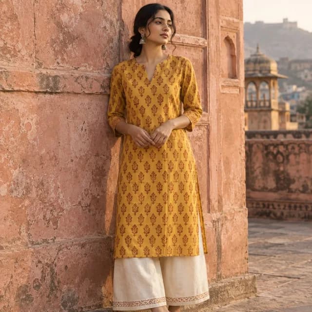 Mustard block-print kurta, ad